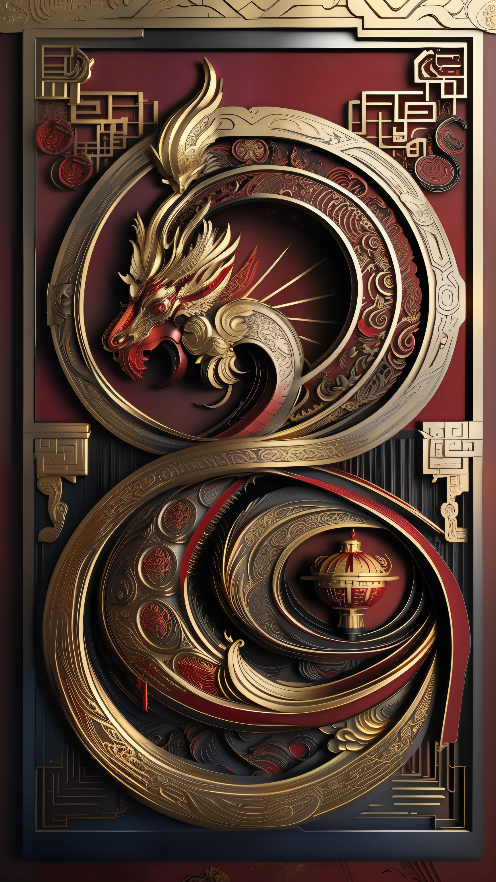 crimson and gold, chinese dragon, head, sculpture, Matte deep red, gold plating, volume shadow, artificial pattern, Surrounded by an intricate decorative border., Matte deep red and gold ornament, highly detailed digital art, 3D rendering, 16