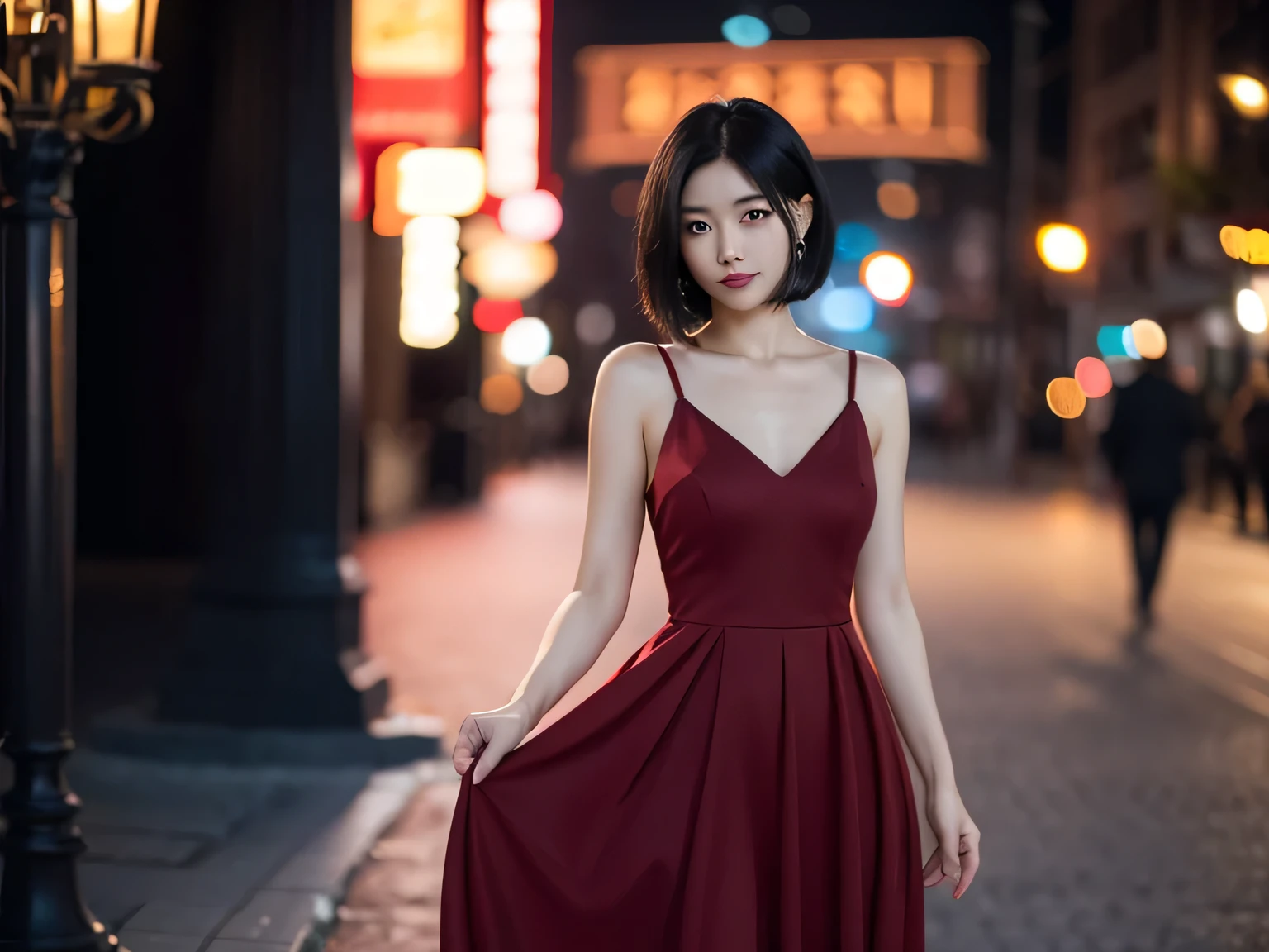 woman、Black Hair、Short Bob、Elegant deep red dress、Hip line、Romantic bokeh、whole body