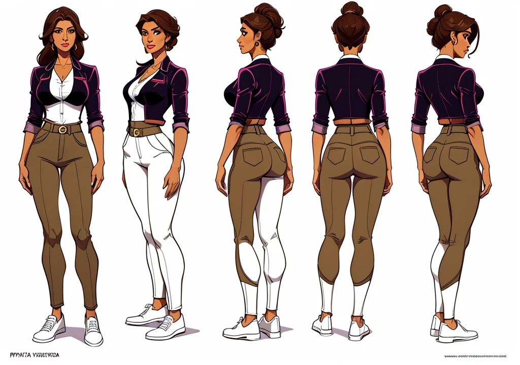 Priya Vantari, Flat colors, full body, turnaround, character sheet, front view, side view, back view, of a 35 year old professional looking girl, tan skin, dark brown hair, natural beauty, beautiful, blazer and blouse, trouser, heel shoes, simply white background 