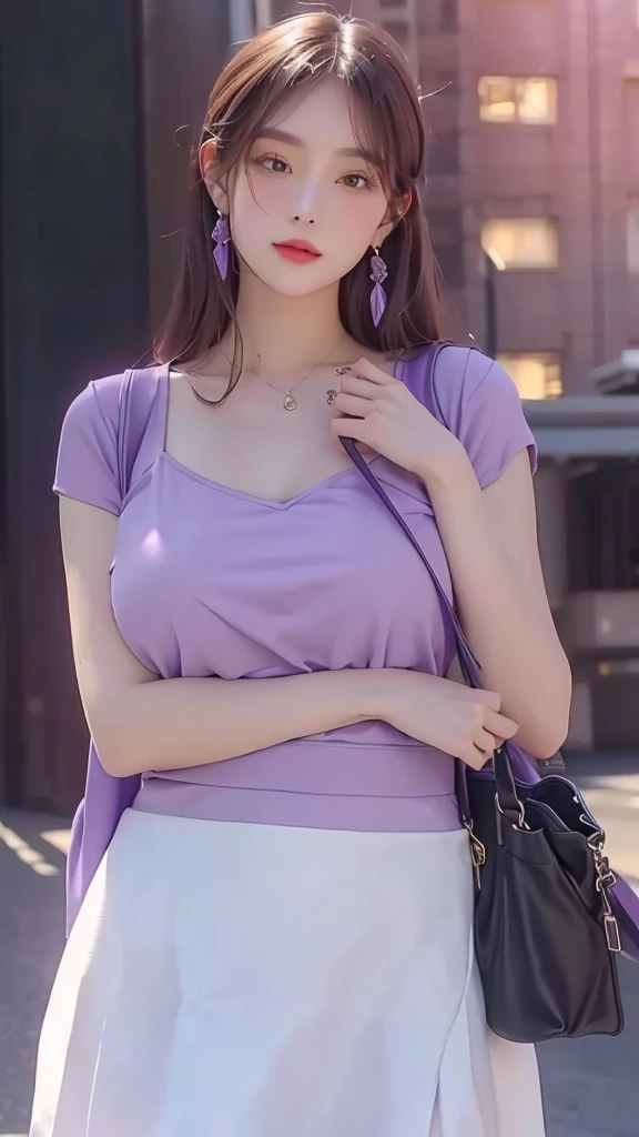 a woman in a skirt and a purple top is holding a purse, 