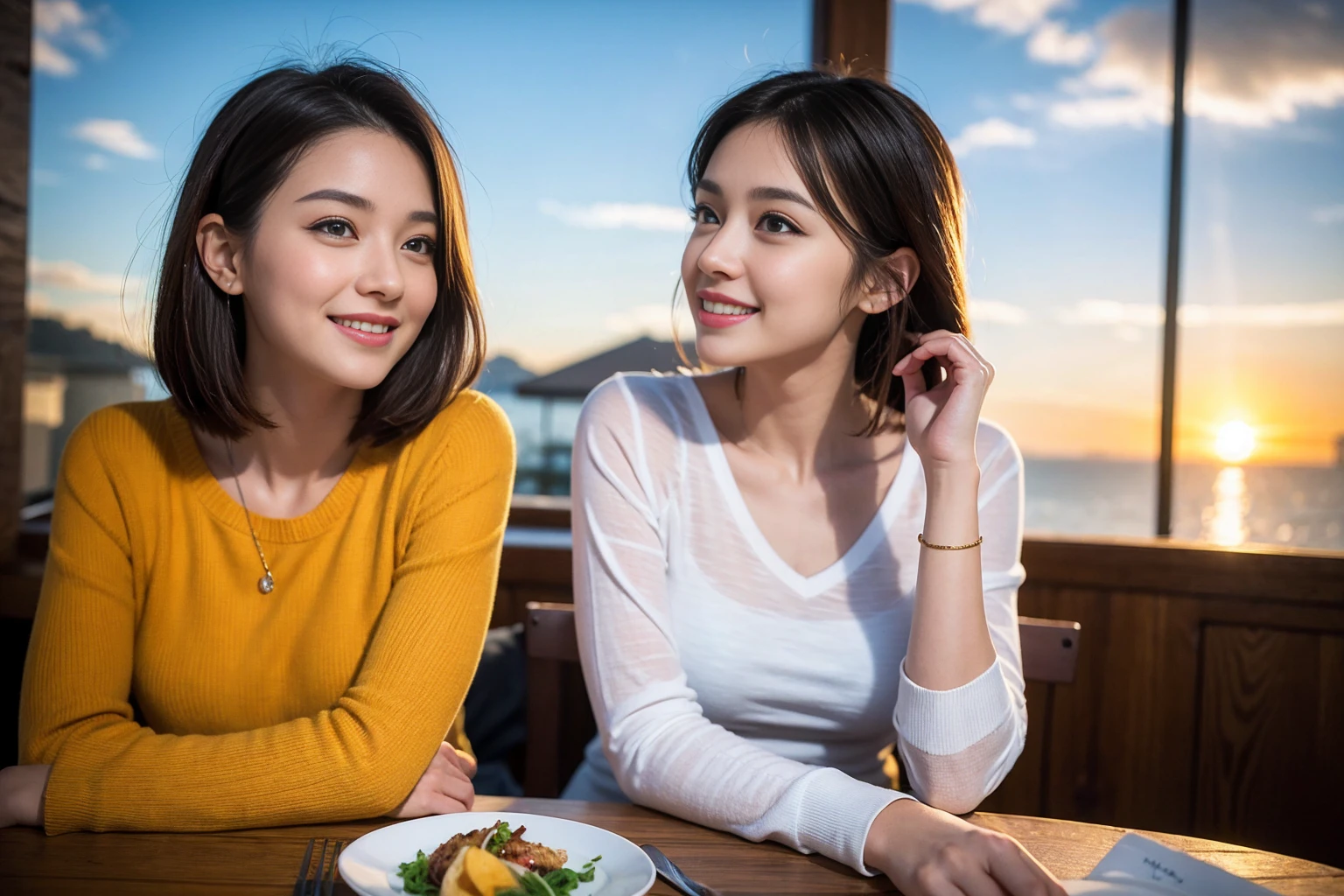 (Realistic:1.2),(masterpiece,Highest quality),8k,((men and women)),Age 35,37 years old、最高のsmile、Happy couple, Full course dinner at the table、wine 、wineグラス、白wine、スパークリングwine、赤wine、Upper Body、Tight waist,Perfect Anatomy, Brown Hair, short hair,Random Hairstyles,Amazing view of the sunset sky and clouds、Long sleeve shirt、dress,((Highly detailed face and eyes:1.2))(Cute Face:1.4),Beautiful actress face,Perfect golden ratio face,woman'suit、Nice,(smile:1.2)、