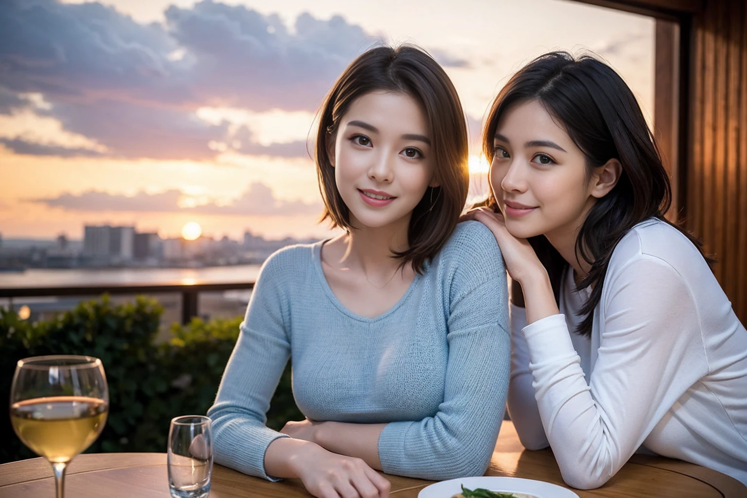 (Realistic:1.2),(masterpiece,Highest quality),8k,((men and women)),Age 35,37 years old、最高のsmile、Happy couple, Full course dinner at the table、wine 、wineグラス、白wine、スパークリングwine、赤wine、Upper Body、Tight waist,Perfect Anatomy, Brown Hair, short hair,Random Hairstyles,Amazing view of the sunset sky and clouds、Long sleeve shirt、dress,((Highly detailed face and eyes:1.2))(Cute Face:1.4),Beautiful actress face,Perfect golden ratio face,woman'suit、Nice,(smile:1.2)、