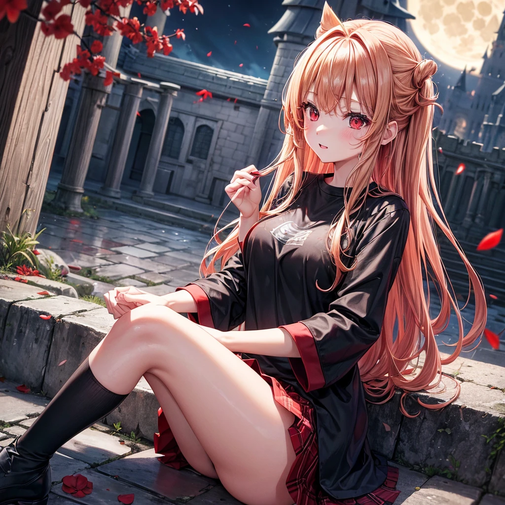 Red-blonde、Red eyes、One cute girl、solo、And soul、Light clothing、Checked mini skirt、petal、Wet hair、Sit on、black t-shirts、large tree、cloud、full moon、monster castle、lanthanum、Hell's Gate、Craft Gatekeeper、barefoot、Stones are piled up