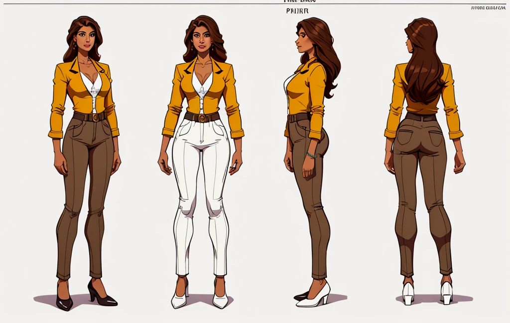 Priya Vantari, Flat colors, full body, turnaround, character sheet, front view, side view, back view, of a 35 year old professional looking girl, tan skin, dark brown hair, natural beauty, beautiful, blazer and blouse, trouser, heel shoes, simply white background 