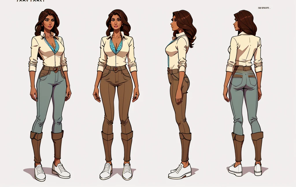 Priya Vantari, Flat colors, full body, turnaround, character sheet, front view, side view, back view, of a 35 year old professional looking girl, tan skin, dark brown hair, natural beauty, beautiful, blazer and blouse, trouser, heel shoes, simply white background 