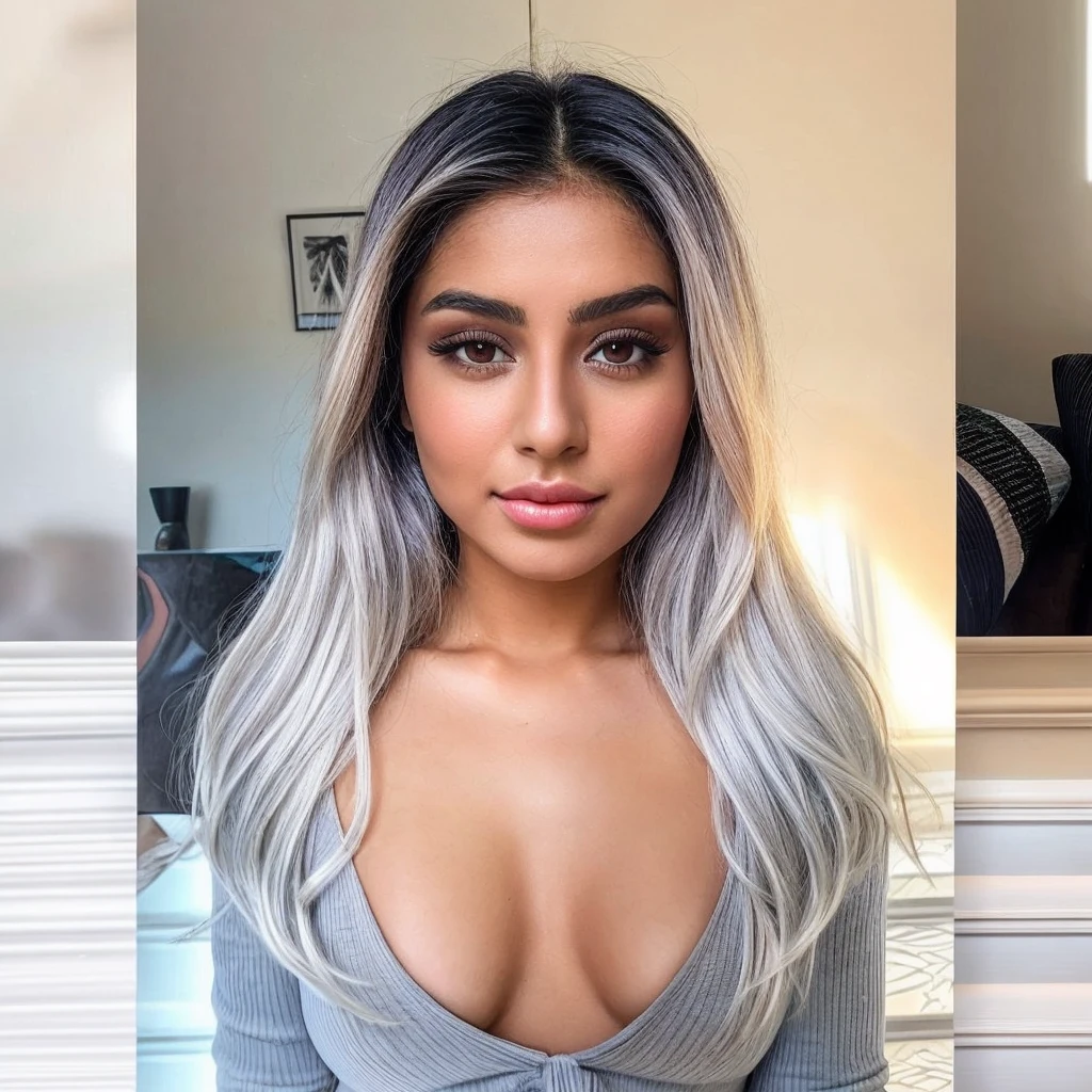 An image of a beautiful of a 20 year old Arabian exotic Instagram model, taken with iphone camera, medium shot selfie of a pretty young woman, (ombre:1.3) vibrant silver/white dyed hair bright, ambered-colored eyes, film grain, best quality, shoulder-length hair, featuring a beautiful light-colored silver white hair style, and she is wearing a gray top with a high neckline. Standing in the living room. Nice lips.