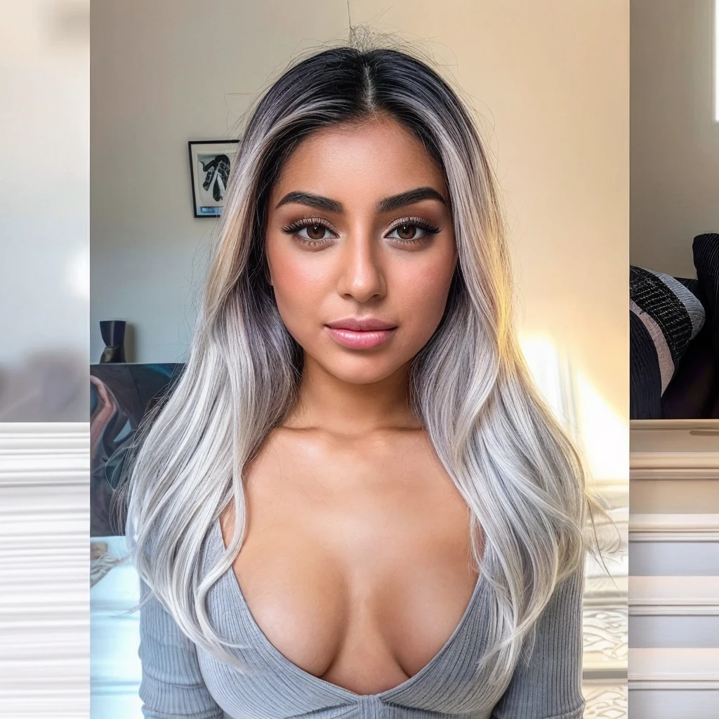 An image of a beautiful of a 20 year old Arabian exotic Instagram model, taken with iphone camera, medium shot selfie of a pretty young woman, (ombre:1.3) vibrant silver/white dyed hair bright, ambered-colored eyes, film grain, best quality, shoulder-length hair, featuring a beautiful light-colored silver white hair style, and she is wearing a gray top with a high neckline. Standing in the living room. Nice lips.