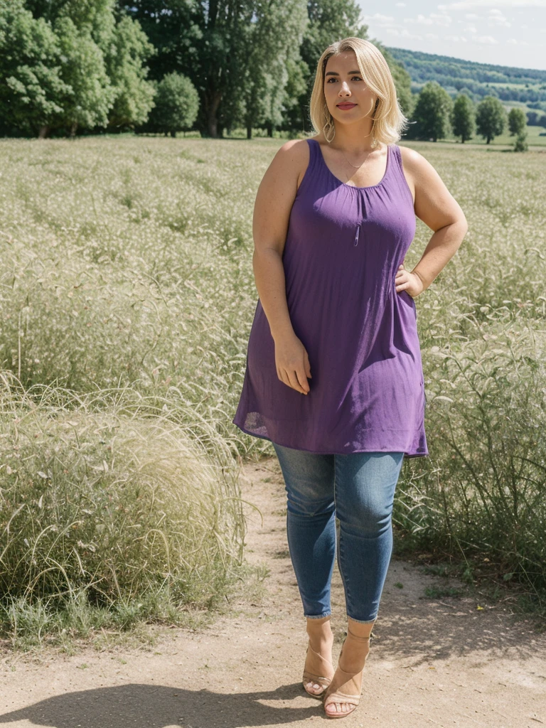 Xyrele, 1girl, solo, 30 years old, (((French face))), (((French nose))), (((French lips))), ((((chubby)))), (((wide hips))), (((blonde hair with a shade))), crinkly medium hair, ((Background: Dordogne countryside)), ((upper body and upper legs)), wearing purple Flowy Tunic Top