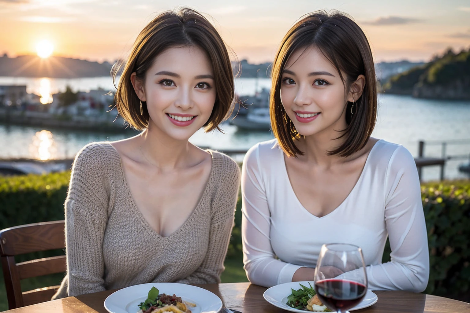 (Realistic:1.1),(masterpiece,Highest quality),8k,(40 years old), 42 years old, slimカップル、Model Couple、actress/actor、Tight waist,Upper Body,full-course dinner、wine 、Amazing view of the sunset sky and clouds、Perfect Anatomy, Brown Hair, short hair,Random Hairstyles,((Highly detailed face and eyes:1.2))(cute顔:1.4),美しいactressの顔,Perfect golden ratio face,Long sleeve shirt、dress,(smile:1.2)、Shortcuts、cute、(Realistic, Intricate details:1.2), A bright smile、short hair,Bright Face、赤wine 、Appetizers、Italian food、wine bottle、Champagne、スパークリングwine、(slimな顔), (The body is slim), (Brown Hair), (Shortcuts), Upper Body, 白wine, slim, wineグラス,