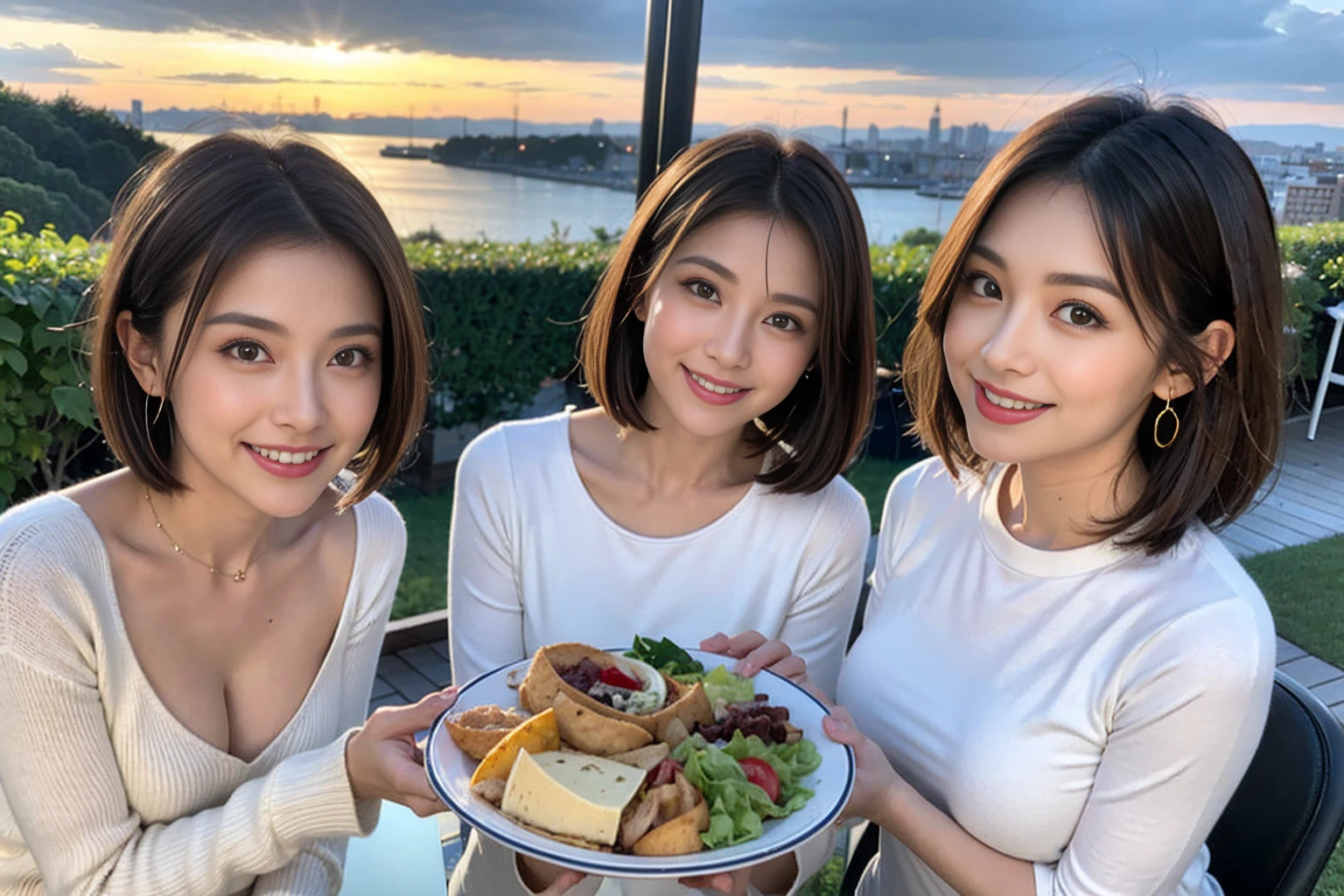 (Realistic:1.1),(masterpiece,Highest quality),8k,(40 years old), 42 years old, slimカップル、Model Couple、actress/actor、Tight waist,Upper Body,full-course dinner、wine 、Amazing view of the sunset sky and clouds、Perfect Anatomy, Brown Hair, short hair,Random Hairstyles,((Highly detailed face and eyes:1.2))(cute顔:1.4),美しいactressの顔,Perfect golden ratio face,Long sleeve shirt、dress,(smile:1.2)、Shortcuts、cute、(Realistic, Intricate details:1.2), A bright smile、short hair,Bright Face、赤wine 、Appetizers、Italian food、wine bottle、Champagne、スパークリングwine、(slimな顔), (The body is slim), (Brown Hair), (Shortcuts), Upper Body, 白wine, slim, wineグラス,