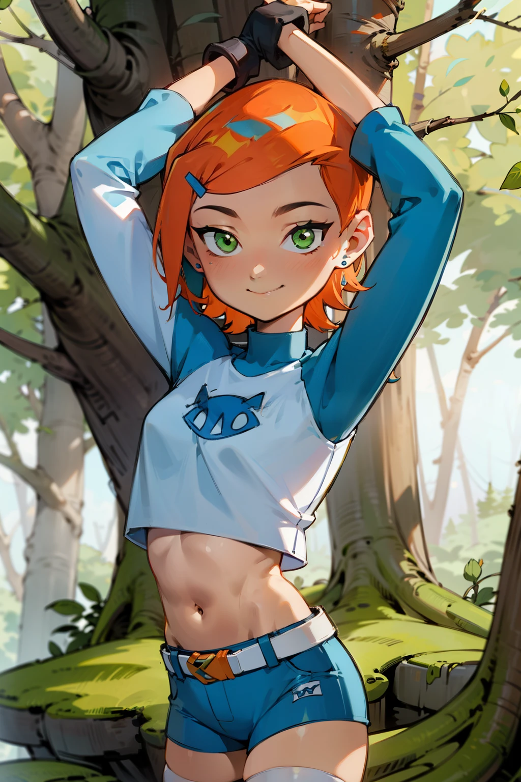 (Masterpiece), Best Quality, ultra-detailed, 1girl (Gwendolyn_Tennyson, beautiful face, breasts, orange hair, short hair, green eyes), , a charming face, smile, looking at viewer, solo, long sleeves, navel, belt, blue shorts,  white thighhighs, in the forest, , standing, one leg up, arms up, 