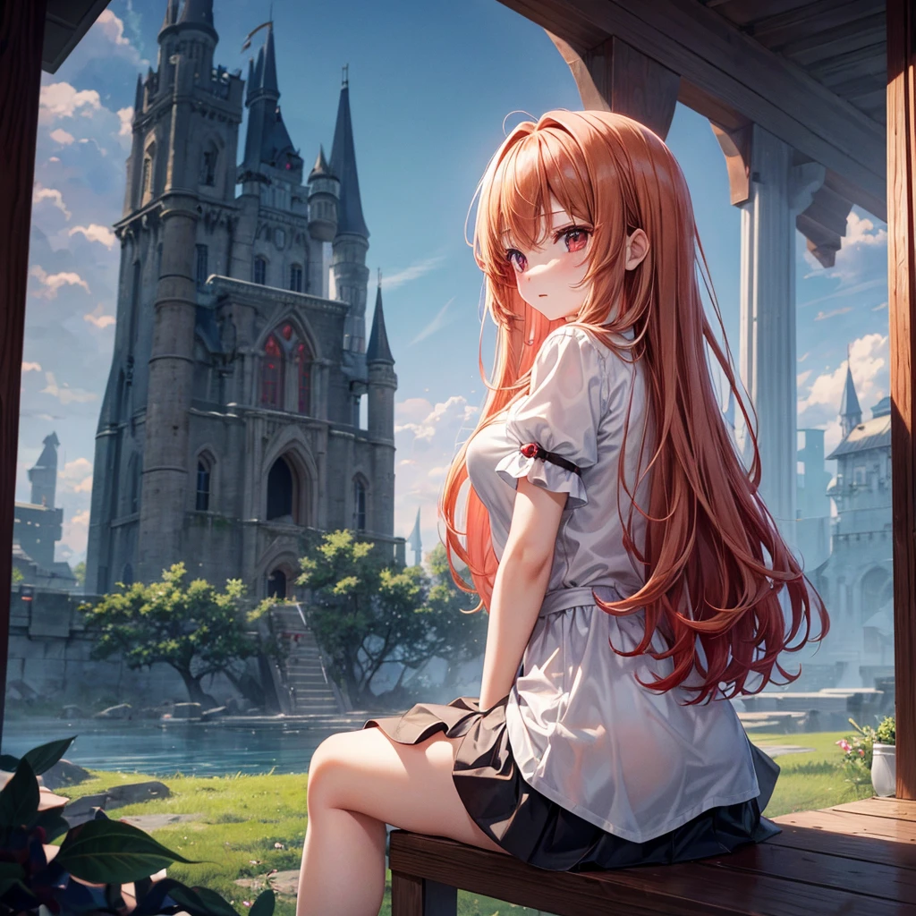 Red-blonde、Red eyes、One cute girl、solo、And soul、Light clothing、Checked mini skirt、petal、Wet hair、Sit on、black t-shirts、large tree、cloud、full moon、monster castle、lanthanum、Hell's Gate、Craft Gatekeeper、barefoot、Stones are piled up