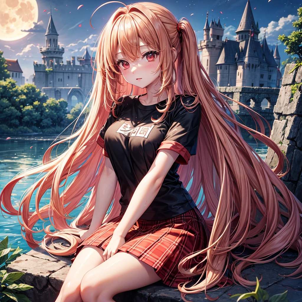 Red-blonde、Red eyes、One cute girl、solo、And soul、Light clothing、Checked mini skirt、petal、Wet hair、Sit on、black t-shirts、large tree、cloud、full moon、monster castle、lanthanum、Hell's Gate、Craft Gatekeeper、barefoot、Stones are piled up
