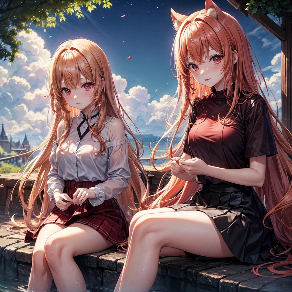 Red-blonde、Red eyes、One cute girl、solo、And soul、Light clothing、Checked mini skirt、petal、Wet hair、Sit on、black t-shirts、large tree、cloud、full moon、monster castle、lanthanum、Hell's Gate、Craft Gatekeeper、barefoot、Stones are piled up