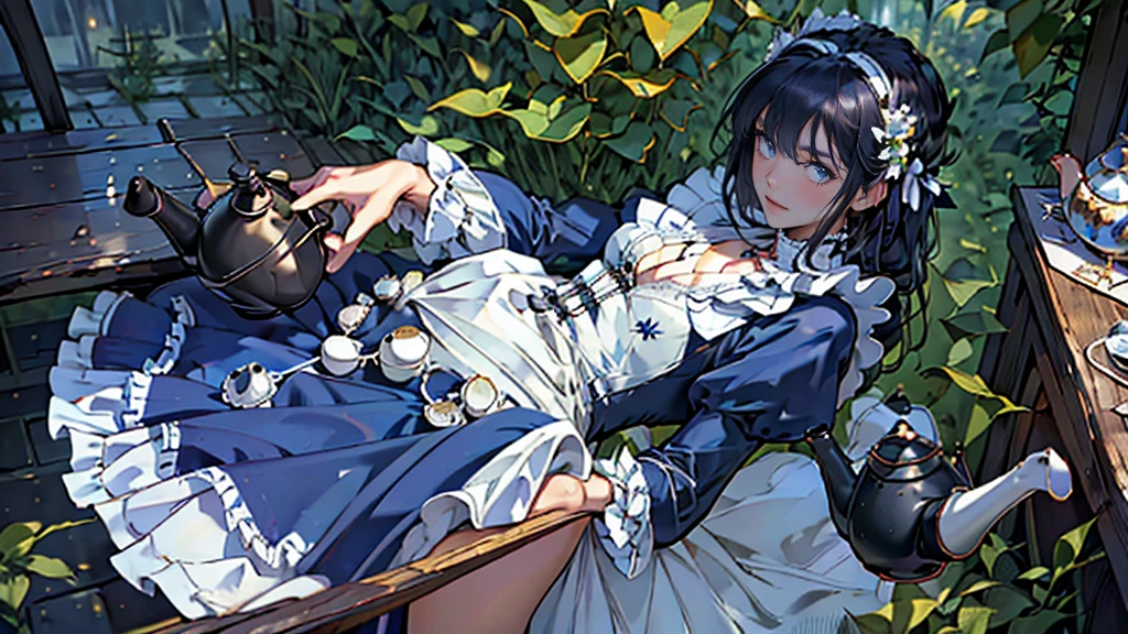 masterpiece, ultra detailed, 8k portrait, RAW photo, portrait photography, highly detailed face, beautiful and meticulous eyes, smile, dark blue hair, long hair, blue eyes, slender, white hair ribbon, (dark blue French maid costume:1.5), white tights, half boots, hands up, spread legs, squatting on teapot, (holding a tea set:1.5), by the old castle, in mid night, from behind, (no panties:1.5), (realistic pussy:1.5), pubic hair, (piss into the teapot:1.5),