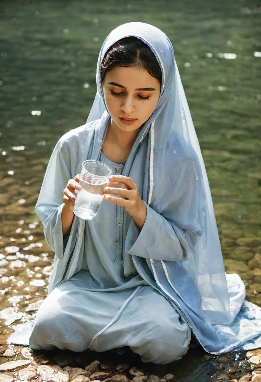 a girl,wearing muslim cloth while drinking water,The water got the clothes wet
