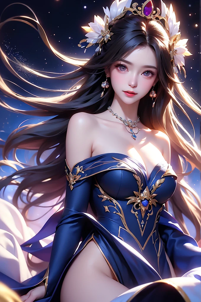 (masterpiece:1.5, Highest quality, Very detailed、 Dutch Angle、Semi-realistic、Fantasy)(One Girl, alone)(White and beautiful hair:1.6,,Straight Long Hair)(Dress in black tones、Fantasyの衣装)、((Off the shoulder、Mid-chest、ruby necklace))(Beautiful cleavage、Legs wrapped in tights)(Beautiful starry sky、Mystical Night、Particles of light float around the woman、Fantasy space) Waiting to start