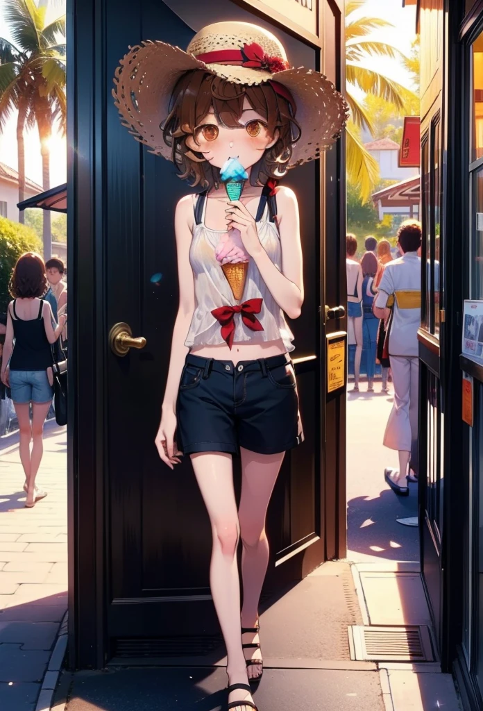 Lililukarde, Liliruka gets burned, , (Brown eyes:1.7), Brown Hair, (Flat Chest:1.2), smile,blush,Open your mouth,Straw hat,short hair,Brown tank top,Shorts,Holding ice cream in both hands,Heeled Sandals,Walking,sunset,evening,The sun is setting,whole bodyがイラストに入るように,
break looking at viewer,whole body, 
break outdoors, Building district,Palm tree,Tropical,
break (masterpiece:1.2), Highest quality, High resolution, unity 8k wallpaper, (figure:0.8), (Beautiful attention to detail:1.6), Highly detailed face, Perfect lighting, Highly detailed CG, (Perfect hands, Perfect Anatomy),