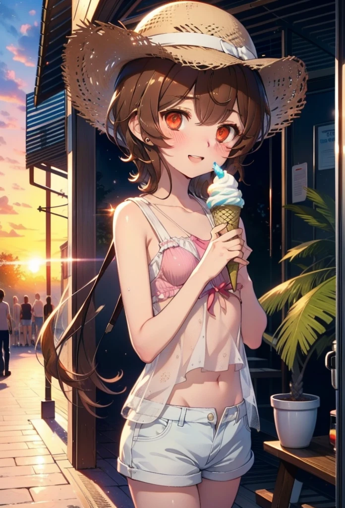 Lililukarde, Liliruka gets burned, , (Brown eyes:1.7), Brown Hair, (Flat Chest:1.2), smile,blush,Open your mouth,Straw hat,short hair,Brown tank top,Shorts,Holding ice cream in both hands,Heeled Sandals,Walking,sunset,evening,The sun is setting,whole bodyがイラストに入るように,
break looking at viewer,whole body, 
break outdoors, Building district,Palm tree,Tropical,
break (masterpiece:1.2), Highest quality, High resolution, unity 8k wallpaper, (figure:0.8), (Beautiful attention to detail:1.6), Highly detailed face, Perfect lighting, Highly detailed CG, (Perfect hands, Perfect Anatomy),