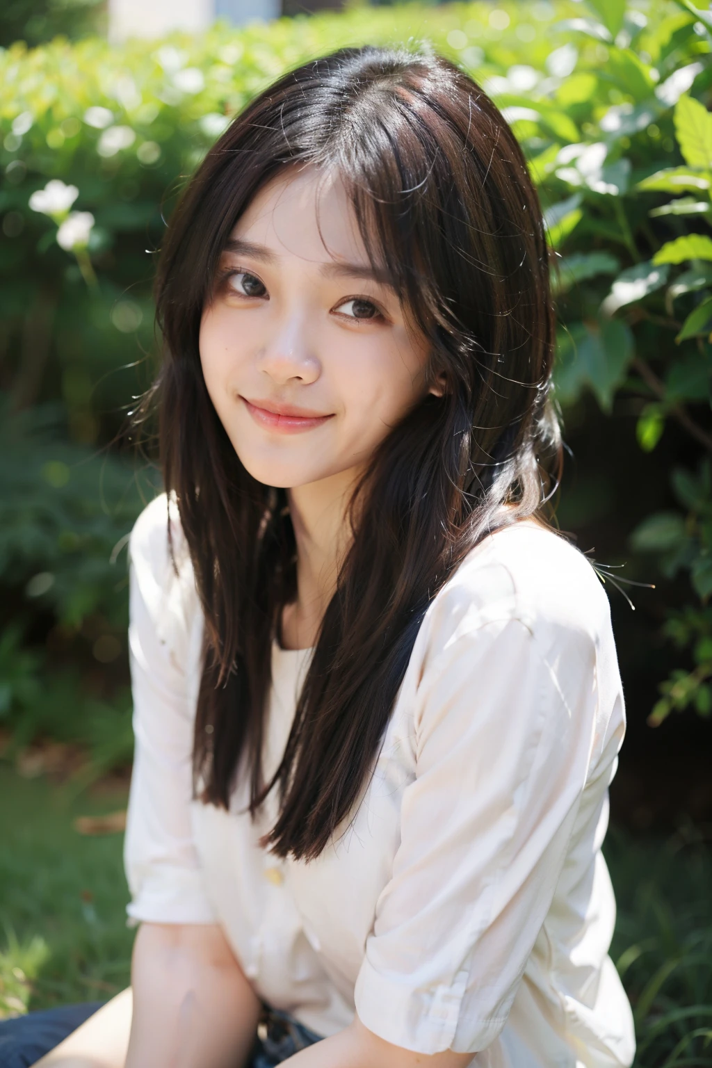 Lady smiling brightly in the field，Simple and neat clothes，Black hair and black eyes，Perfect face，