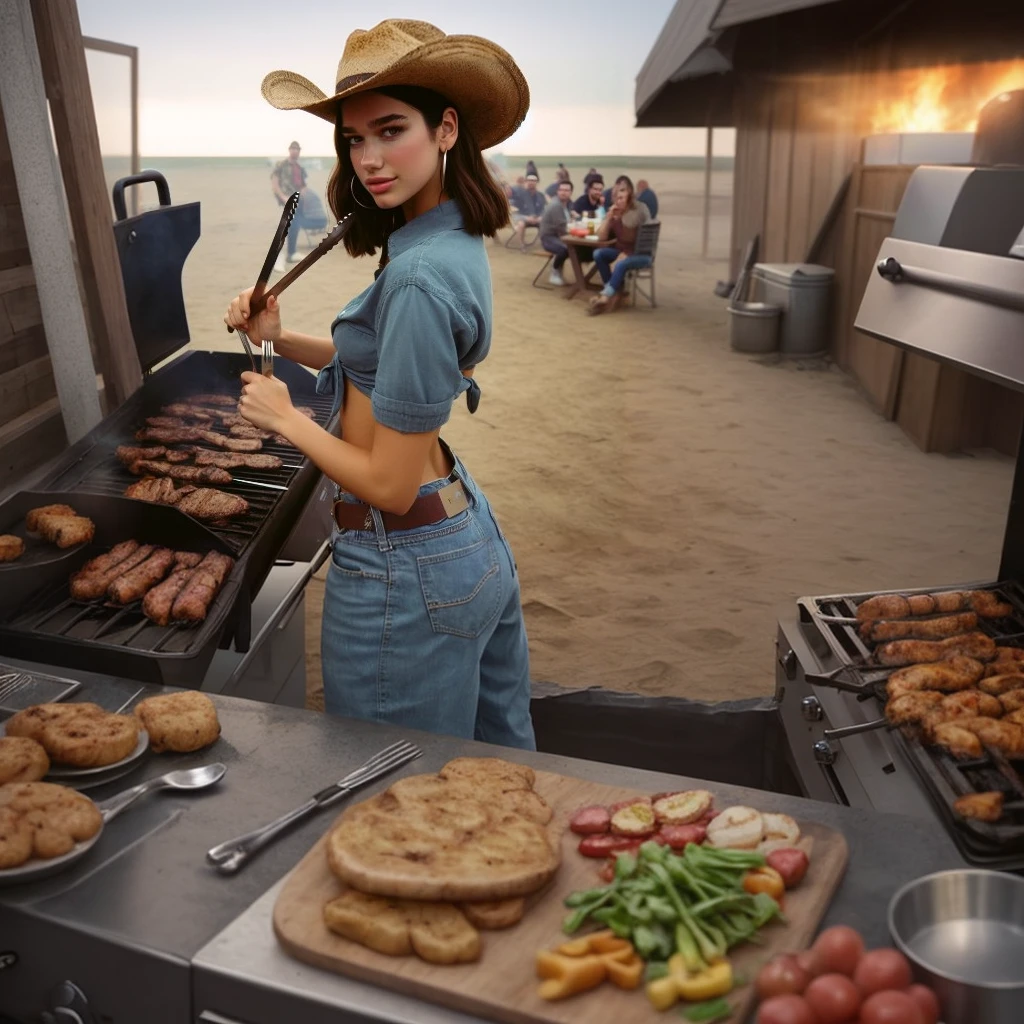 A cowgirl cooking on a grill