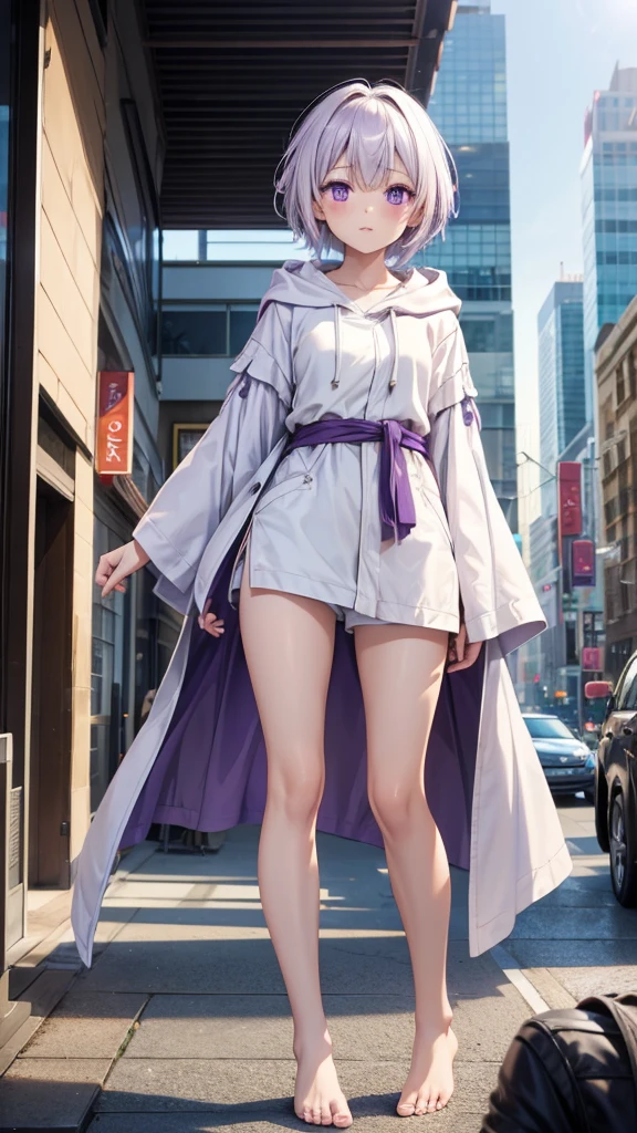 Girl with white short hair and double braids,Purple Eyes,hooded,White Robe,small shorts,Bare Legs,barefoot,Standing,City