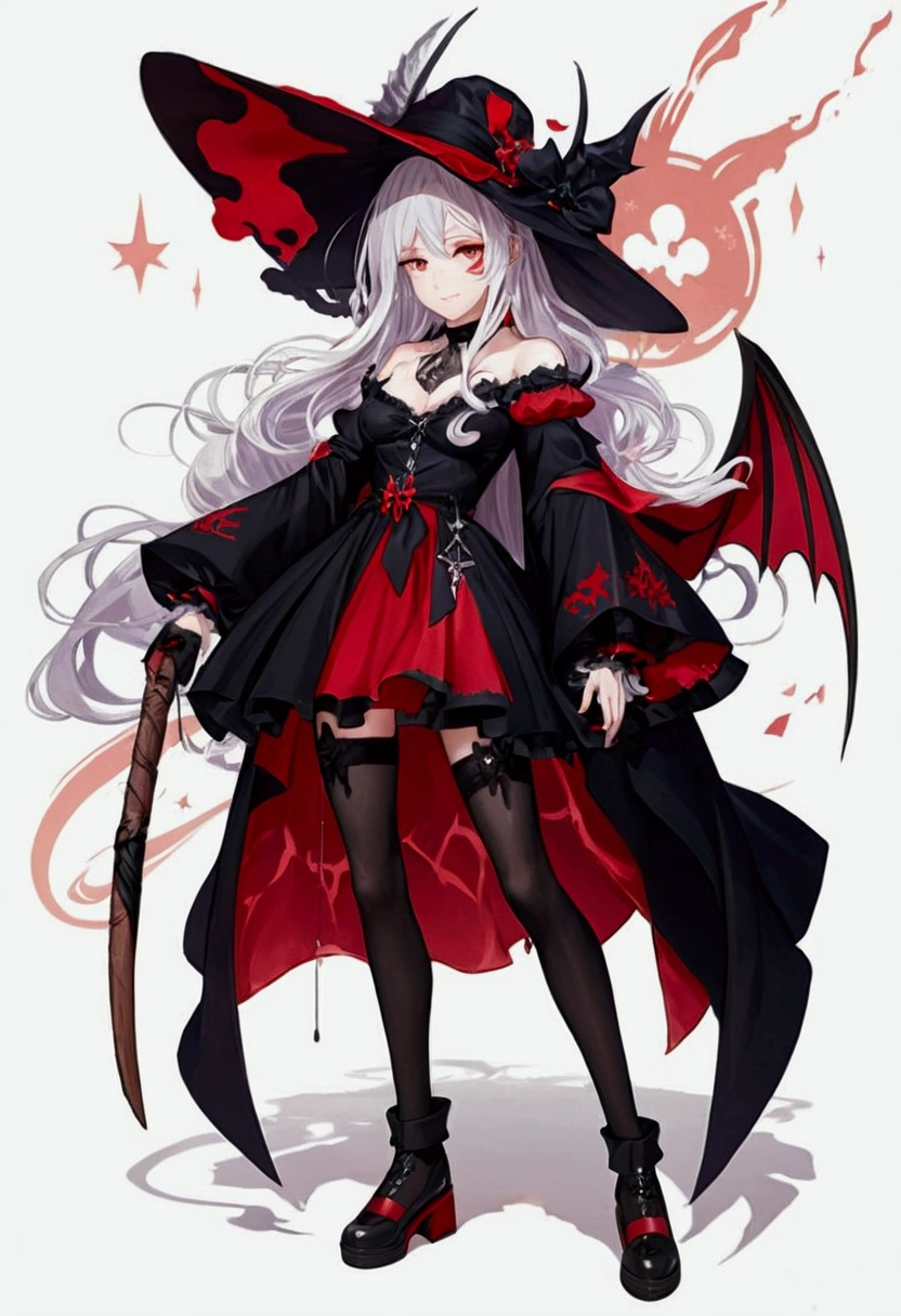 a woman in a black and red dress and a black hat, demon anime girl, gothic maiden anime girl, from arknights, flirty anime witch casting magic, fashionable dark witch, trending on artstation pixiv, anime visual of a cute girl, witch girl, anime full body illustration, astral witch clothes, dark witch character, from girls frontline,wide, 4k, sangat detail, in mountain background