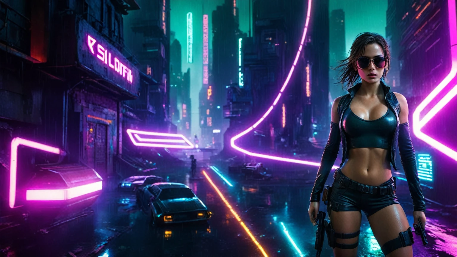 (aerial view, a flying cars docking platform, a very dark abandoned futuristic city, neon lights), rainy night. A girl as Lara Croft, solo, alone, large-breast:1.2 slim body, cleavage:1.1, sexy wind blowing wet dress:1.4, (headphone, black sunglasses), (((((she raised:1.8 a pistol:1.8 and took aim at viewer))))), dynamic pose, (((half-body thigh level medium shot))), cinematic lighting, lens flare, ray tracing.