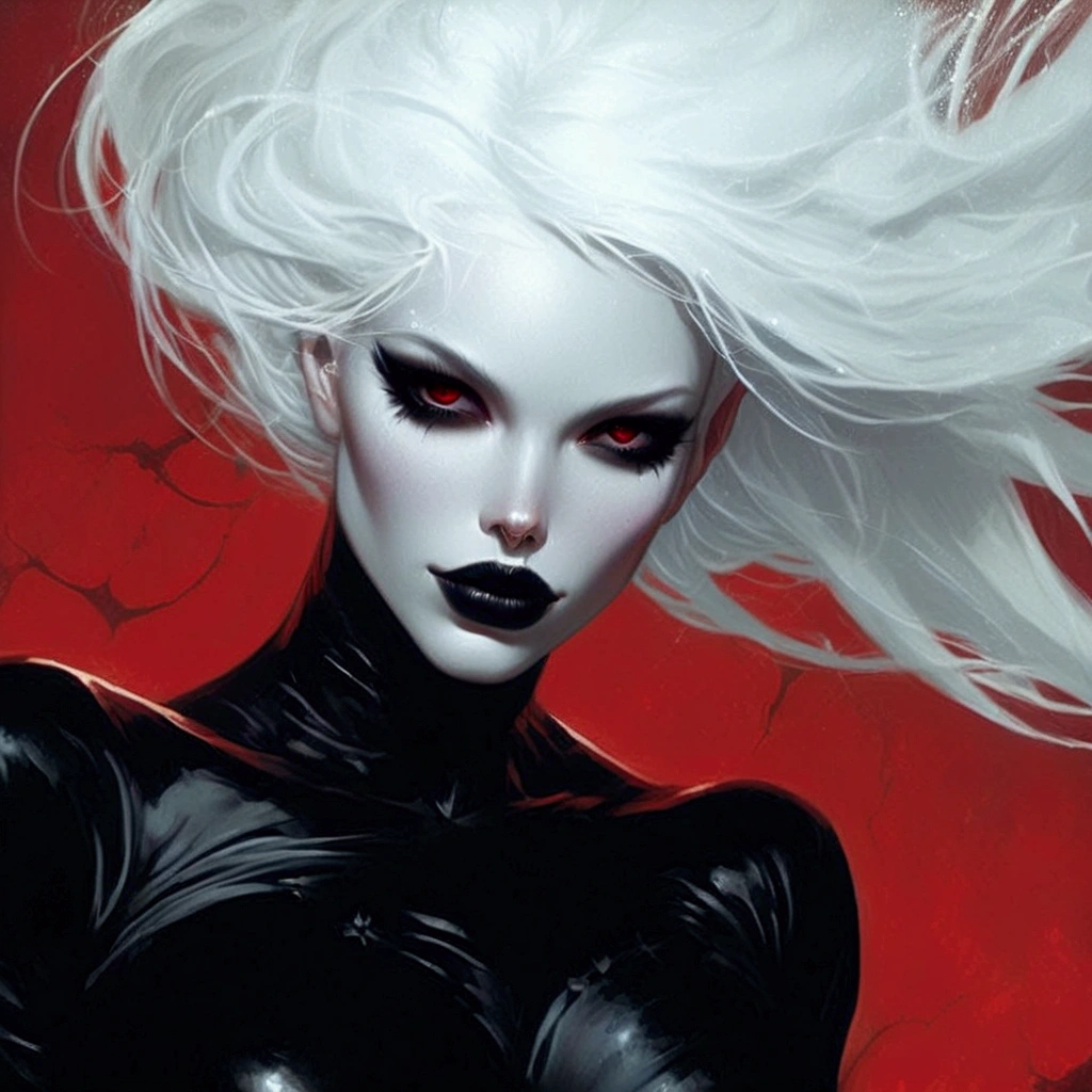 a woman with white hair and red eyes in a black cat suit, chris moore. artgerm, black cat, john watkiss, lolth, artgerm greg rutkowski _ greg, artgerm and patrick demarchelier, style of raymond swanland, perfect drow, inspired by Jeffrey Catherine Jones, villainess, artgerm comic