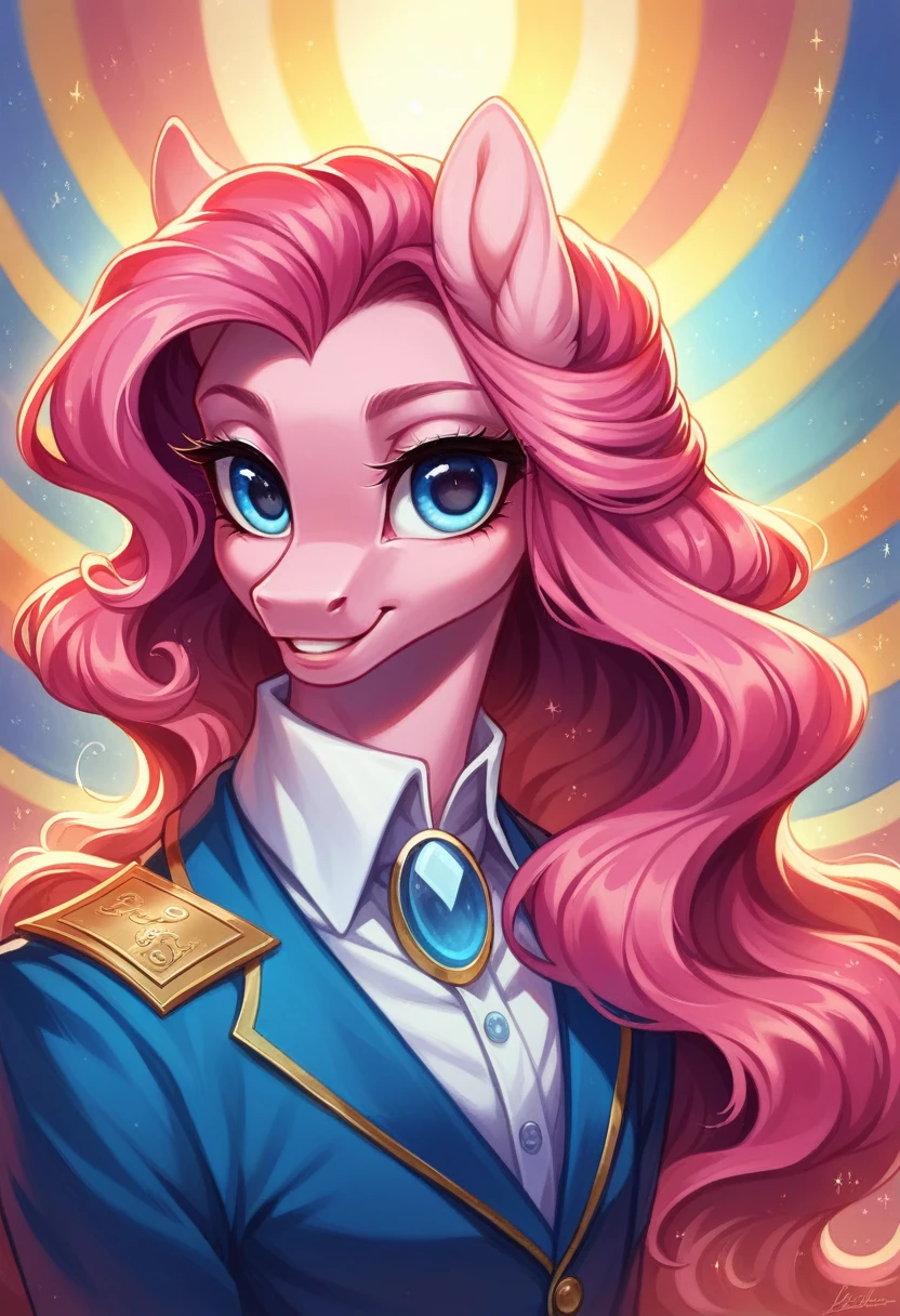 a cute anthro pinkie pie pony, beautiful detailed blue eyes, beautiful detailed lips, extremely detailed face and fur, long eyelashes, pink hair, smiling, colorful, vibrant, dynamic composition, whimsical, ethereal, fantasy, digital art, 8k, highly detailed, intricate, hyper realistic, masterpiece, professional, cinematic lighting