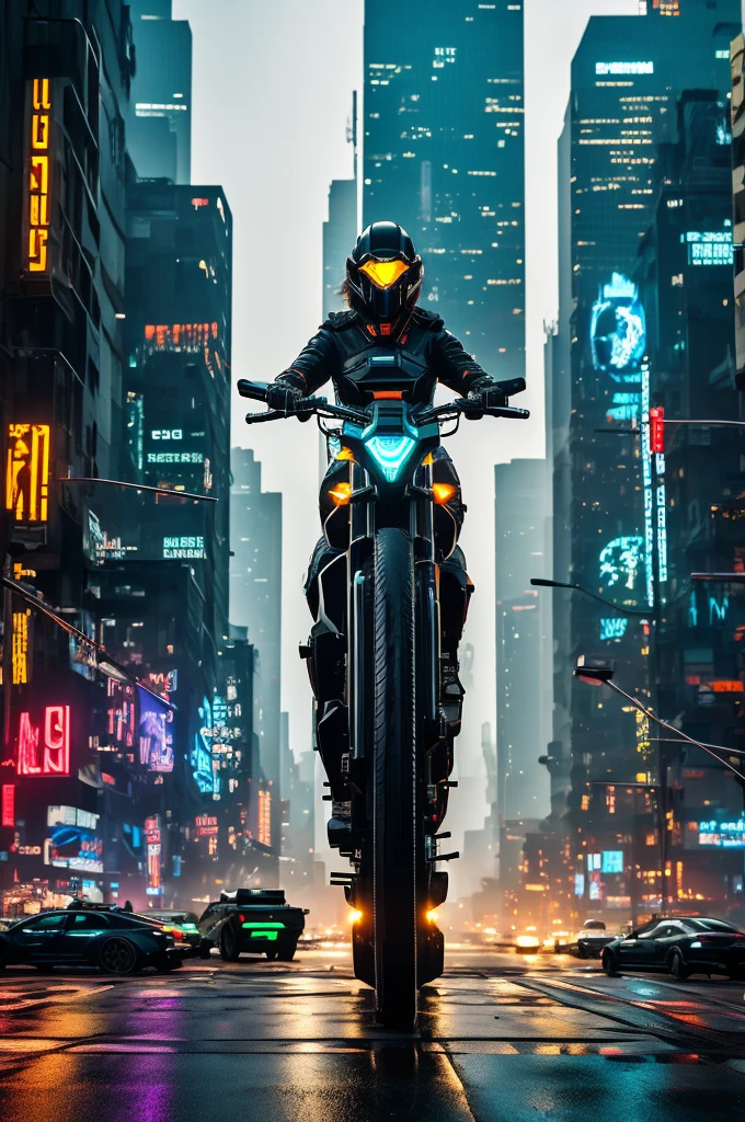 In a dystopian cyberpunk city, neon lights flicker and cast an eerie glow through the rain-soaked streets. Towering skyscrapers loom overhead, their surfaces covered in holographic advertisements and graffiti. Amidst the chaos, a woman clad in sleek, black armor rides a colossal, bio-mechanical cat.Her helmet reflects the neon hues, and her eyes, glowing with an intense blue light, scan the urban jungle. The cat, an amalgamation of organic and mechanical parts, moves with a silent, predatory grace, its metal claws leaving sparks on the asphalt. The city around them pulses with a frenetic energy, filled with the hum of drones and the distant echoes of rebellion.As they navigate the maze of alleys and towering structures, the woman and her cybernetic steed become a symbol of defiance against the oppressive megacorporations that rule the city. She grips the reins tightly, her mind synced with the cat’s artificial intelligence, ready to strike against those who seek to control their world.