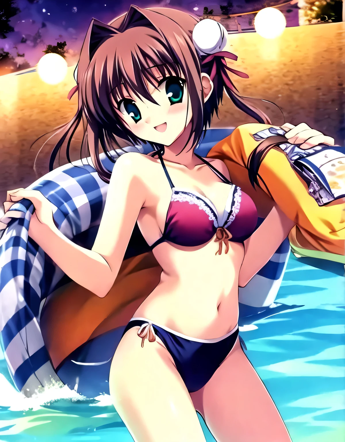 asakura_yume,(woman１people),Brown Hair,Medium Chest,Aqua Eye,White skin,Are standing,Bust up shot,Bikini,(valley),Swimwear,Nighttime pool,smile,