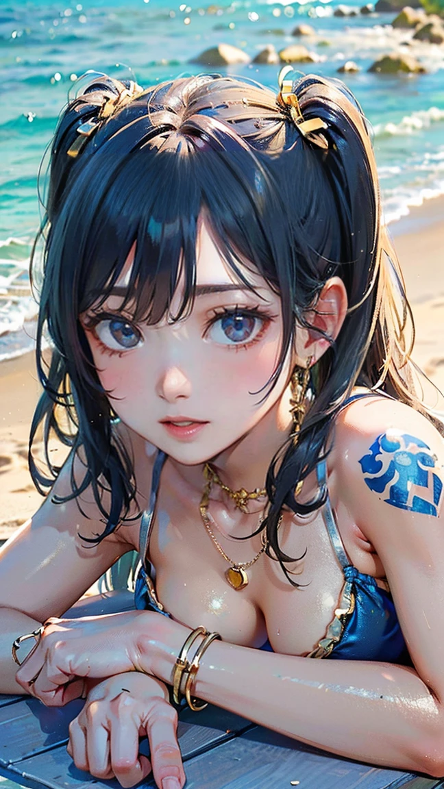 (masterpiece, Highest quality:1.3), (Very detailed:1.2), (hyperRealistic:1.3), (RAW Photos:1.2), High resolution raw color photos, False eyelashes、lipstick、Focus on the whole body、Professional photos, (PhotoRealistic:1.4), (Realistic:1.4), Professional Lighting, Perfect Anatomy, (Small breasts:1.2), (blue eyes:1.8)、Detailed face), (Angry expression:1.5), (Golden Hair:1.5), tattoo、Very long hair、Brown Skin、Sunburn、(Twin tails)、 necklace, bracelet, sexy, erotic sexy, (ランダムなsexyなグラビアポーズ), (Beautiful woman in bikini、Sunbathing on the beach。Simple silver anklets to adorn your feet.。: 1.3)