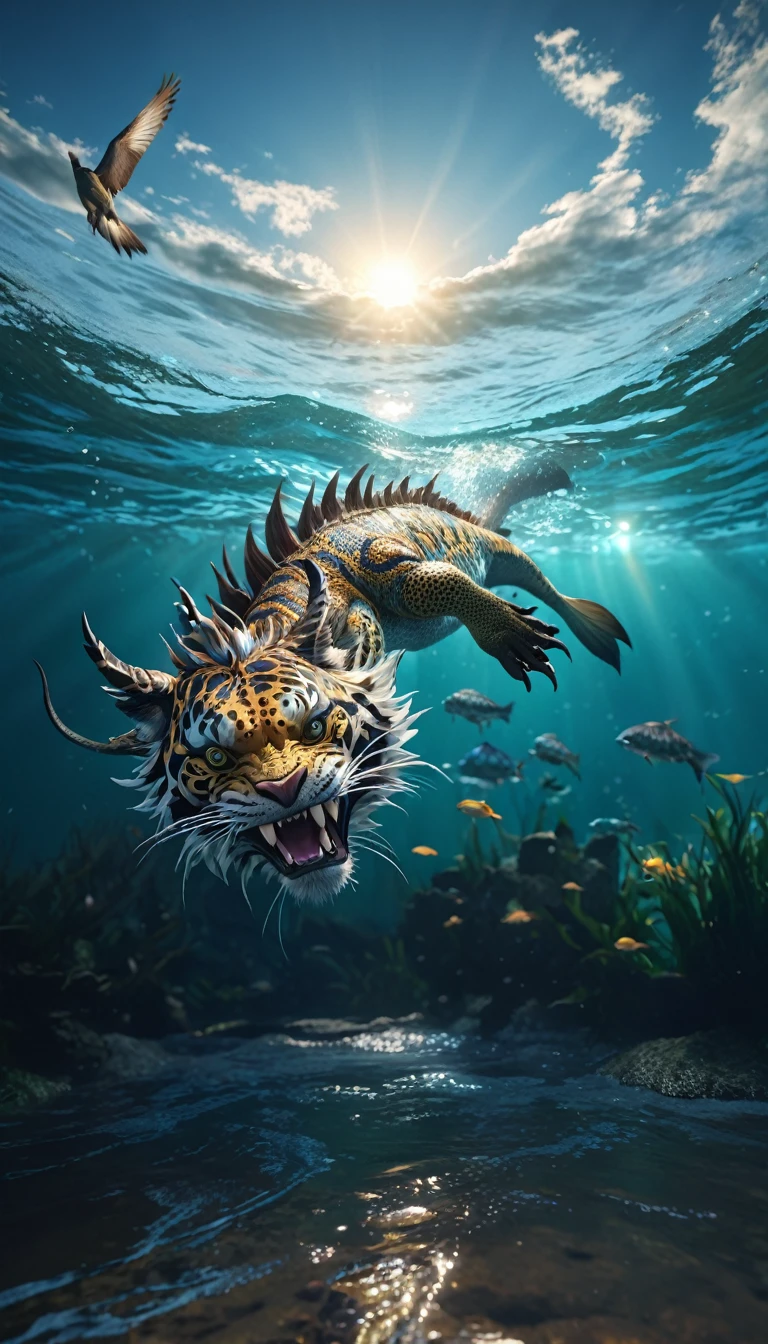 水中有一种Fantasy Creatures(best quality,4K,8k,High level,masterpiece:1.2),Ultra Detailed,(lifelike,Photo real,Photo real:1.37),Highly detailed animals,Complex patterns,Realistic lighting,Fantasy Creatures