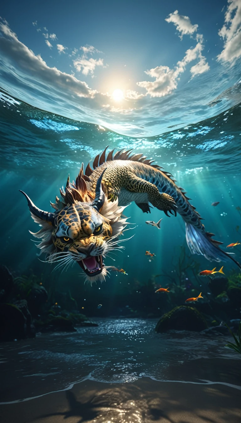 水中有一种Fantasy Creatures(best quality,4K,8k,High level,masterpiece:1.2),Ultra Detailed,(lifelike,Photo real,Photo real:1.37),Highly detailed animals,Complex patterns,Realistic lighting,Fantasy Creatures