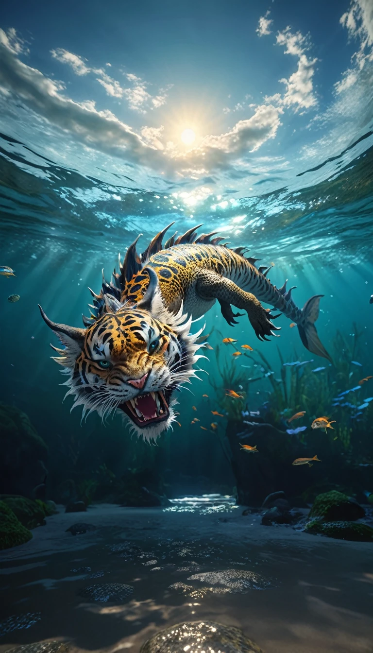 水中有一种Fantasy Creatures(best quality,4K,8k,High level,masterpiece:1.2),Ultra Detailed,(lifelike,Photo real,Photo real:1.37),Highly detailed animals,Complex patterns,Realistic lighting,Fantasy Creatures