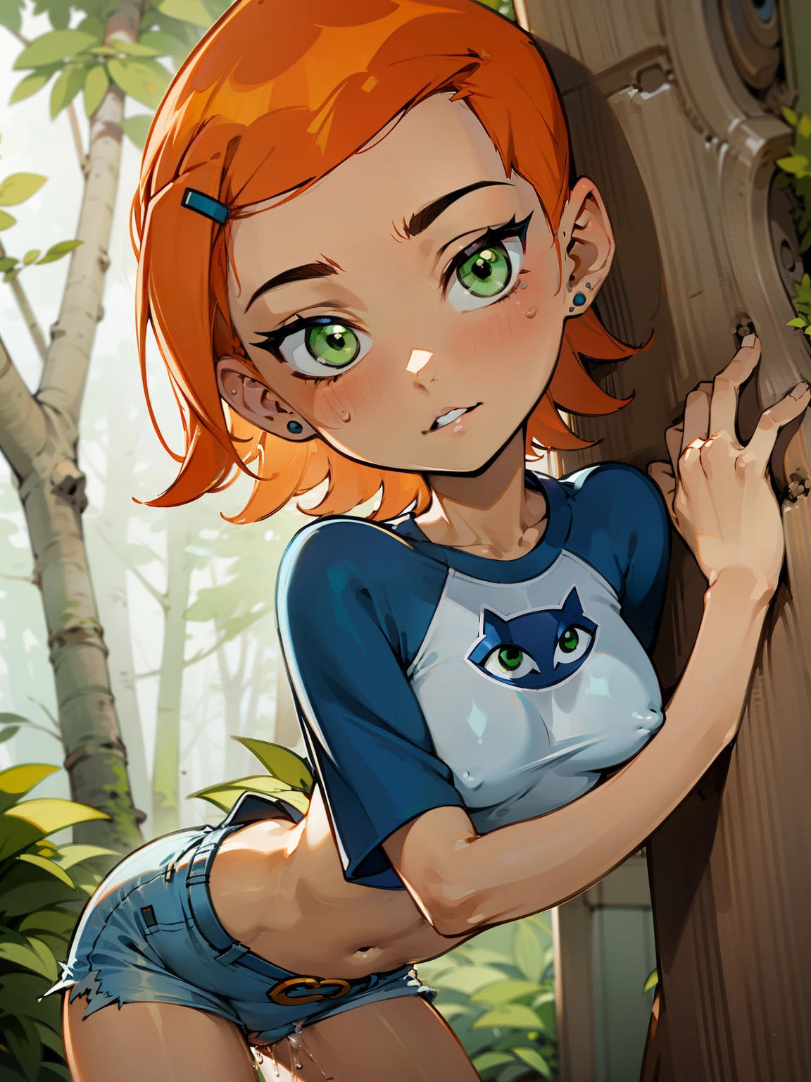 (Masterpiece), Best Quality, ultra-detailed, 1girl (Gwendolyn_Tennyson, beautiful face, breasts, orange hair, short hair, green eyes), , a come-hither face, parted lips, solo, thin T-shirt, navel, belt, denim shorts,in the forest, standing, Sexy waist teasing,  love  juice flows out of her pussy,  from_below 