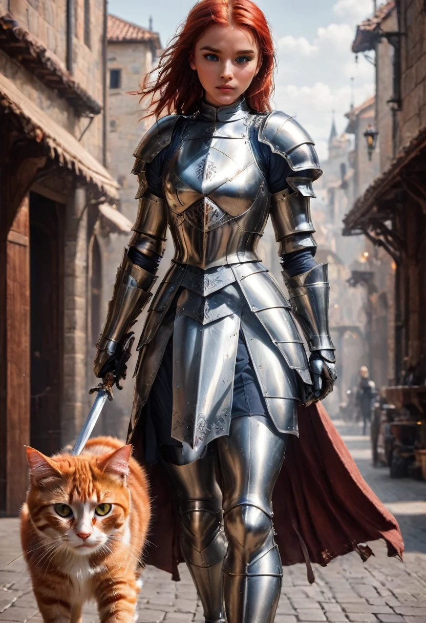 arafed a picture of knight with her epic sized cat walking near her in  fantasy street, an ((cat big as a horse)), the cat is wearing armor ready for battle, dynamic color cat BREAK a human knight, full body, ((anatomically correct: 1.5)  walking near him, female knight, red hair, long hair, hair in a pony tail, wearing knight's armor, decorated armor,  high heeled boots,  Hyperrealism style, vibrant, Ultra-high resolution, High Contrast, (masterpiece:1.5), highest quality, Best aesthetics), best details, best quality, highres, ultra wide angle, 16k, [ultra detailed], masterpiece, best quality, (extremely detailed) RAW, ArmoredDress, Amber cat eyes