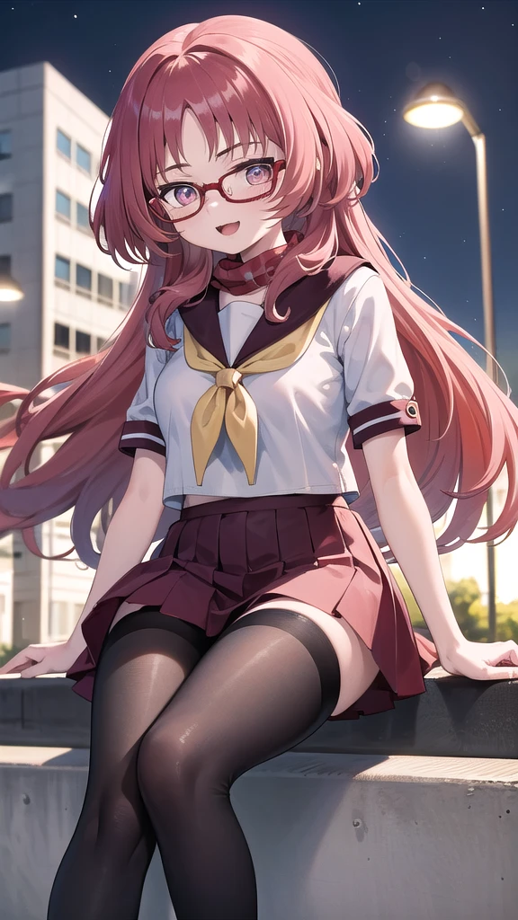 Masterpiece, perfect lighting, (beautiful, Best quality: 1.3), Perfect eyes, absurd, 8k, 1 girl, alone, (absurds), finely detailed, very large, Violet eyes, red hair, red glasses, small breasts, smiling , open mouth, in love, looking at viewer, posing flirtatiously, thighs, glasses, wide, black stockings, Serapuku, sailor collar, yellow scarf, white shirt, red dress, red hair, sitting in the park at the night