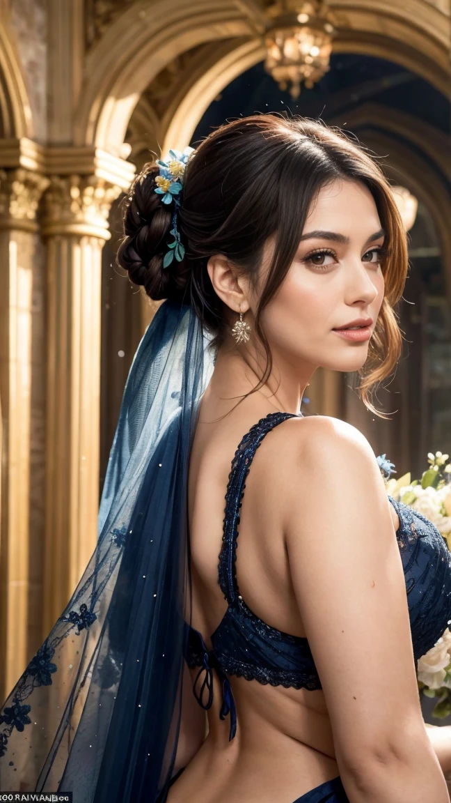 A captivating scene of Hiba Nawab, aged 25, embodies the epitome of beauty as a radiant Persian princess. Her elegant blue-black updo hair cascades down her back, framing a stunningly beautiful face with a sweet smile. The bride poses gracefully under a fairy tale arch adorned with exotic, magical flowers, their vibrant colors popping against the dark tones of the scene. The arch is intricately designed with a crystal glass lattice, glitter, and transparent embroidered lace, creating an elaborate and enchanting