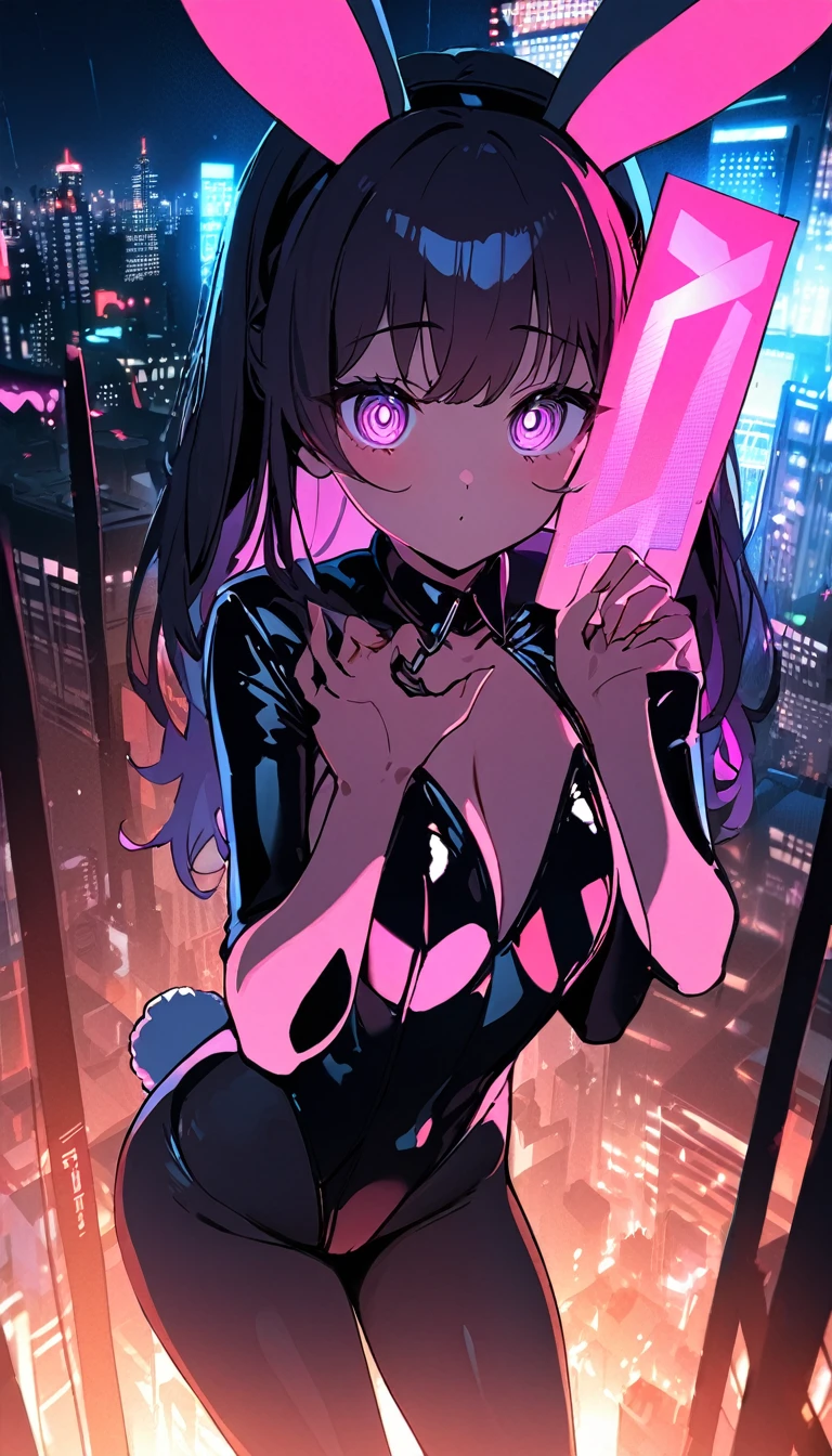 (masterpiece), best quality, expressive eyes, perfect face, dark siloet, city, 1girl, bunnysuit, glowing colours, holding a siloet sign in hands saying (28k likes)