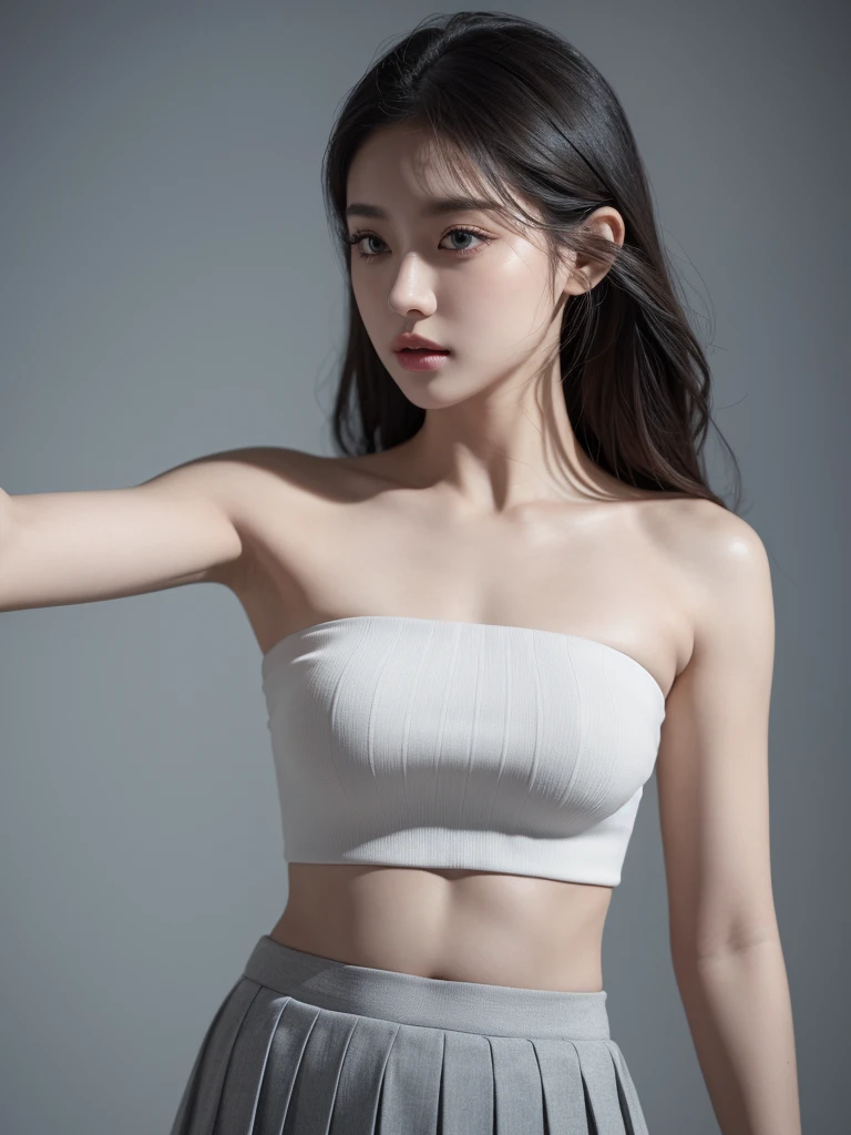 1girl, solo, beautiful detailed eyes, wearing a pleated skirt, exposed navel, strapless crop top, beautiful detailed lips, extremely detailed face, long eyelashes, (best quality, 8k, highres, masterpiece:1.2), (realistic, photorealistic:1.37),