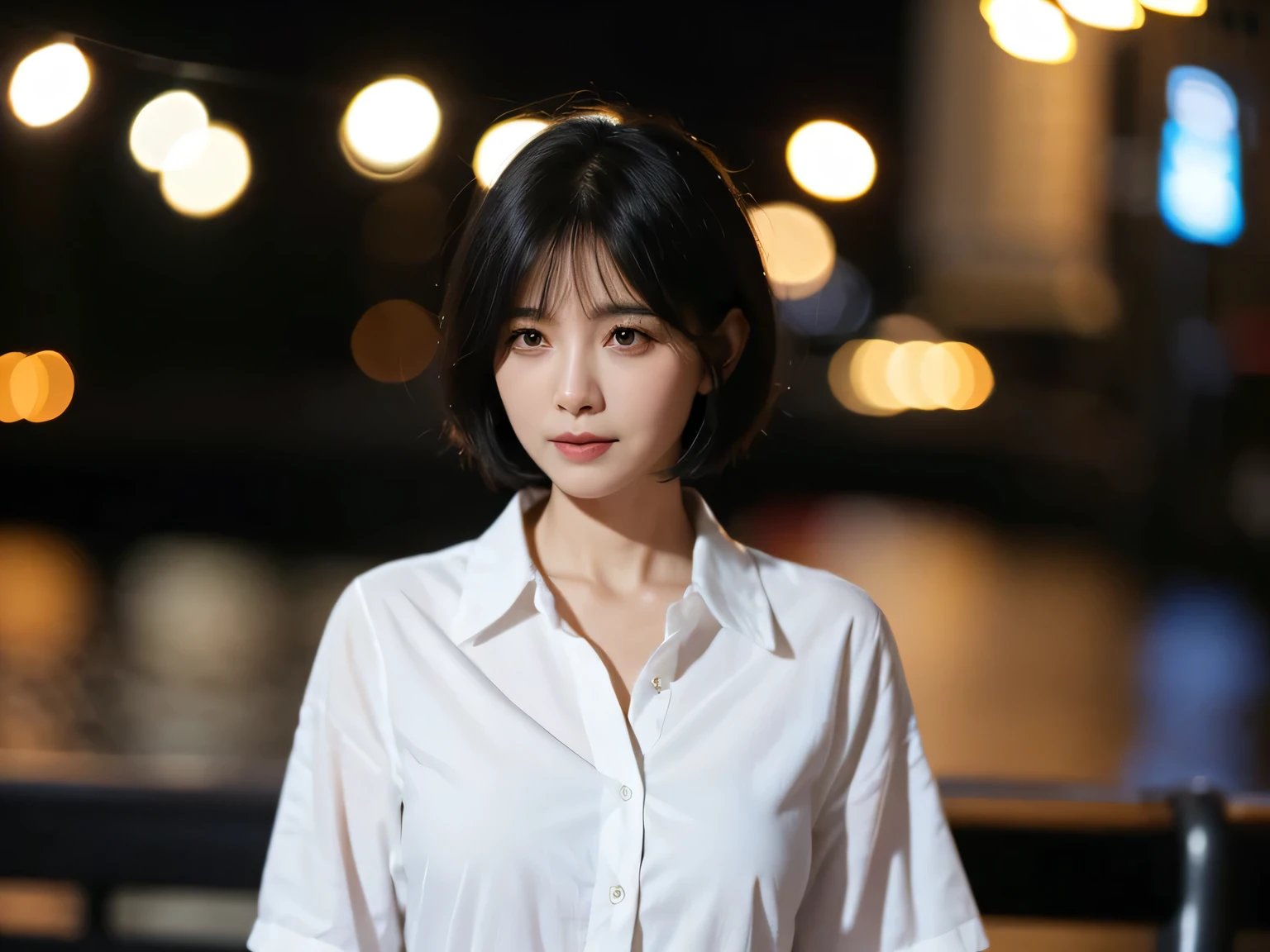 50-year-old women、Black Hair、Short Bob、White shirt、City of night、Romantic bokeh