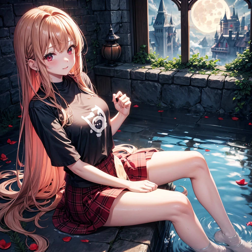 Red-blonde、Red eyes、One cute girl、solo、And soul、Light clothing、Checked mini skirt、petal、Wet hair、Sit on、black t-shirts、large tree、cloud、full moon、monster castle、lanthanum、Hell's Gate、Craft Gatekeeper、barefoot、Stones are piled up