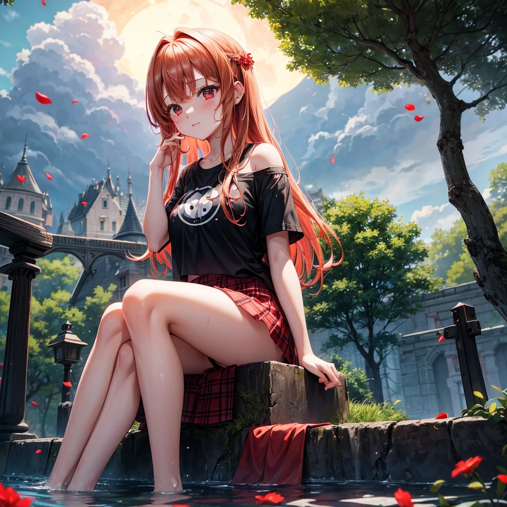 Red-blonde、Red eyes、One cute girl、solo、And soul、Light clothing、Checked mini skirt、petal、Wet hair、Sit on、black t-shirts、large tree、cloud、full moon、monster castle、lanthanum、Hell's Gate、Craft Gatekeeper、barefoot、Stones are piled up