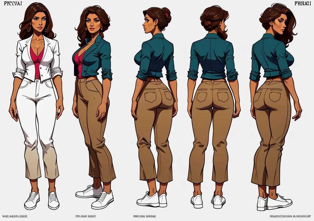 Priya Vantari, Flat colors, full body, turnaround, character sheet, front view, side view, back view, of a 35 year old professional looking girl, tan skin, dark brown hair, natural beauty, beautiful, small breasts, small butt, loose clothing, blazer and blouse, trouser, heel shoes, simply white background 
