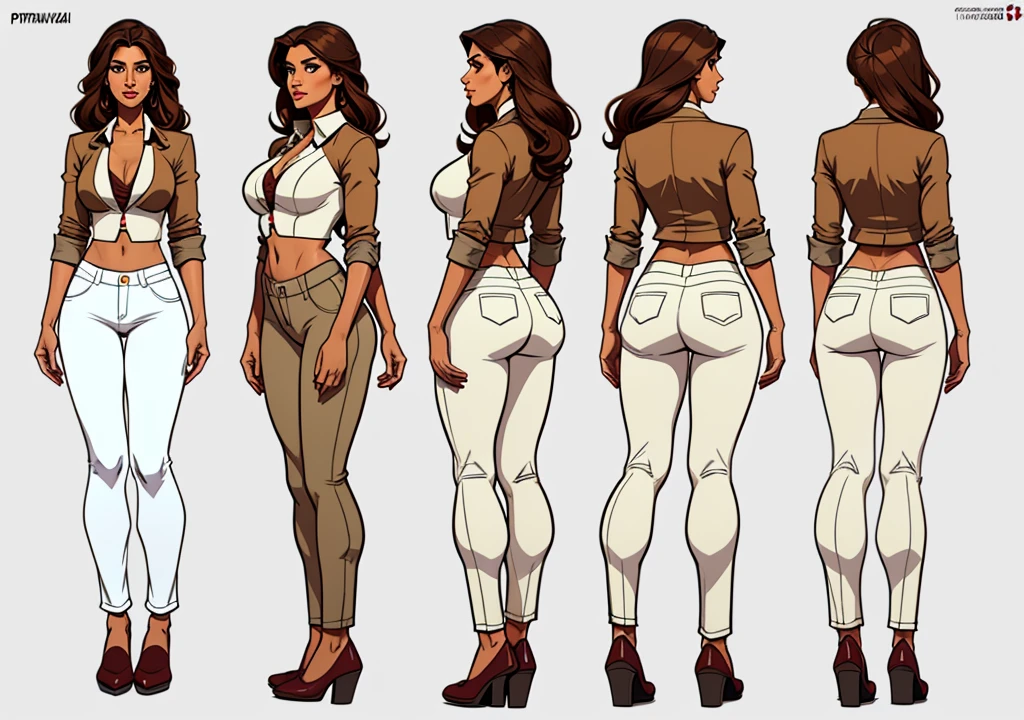 Priya Vantari, Flat colors, full body, turnaround, character sheet, front view, side view, back view, of a 35 year old professional looking girl, tan skin, dark brown hair, natural beauty, beautiful, small breasts, small butt, loose clothing, blazer and blouse, trouser, heel shoes, simply white background 