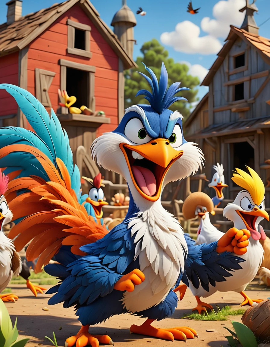 A chaotic barnyard, aggressive, feathery combat, intense, vibrant colors, animated, dynamic, lively, action, Looney Tunes-inspired.