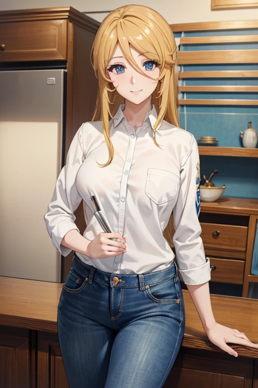 mori yuki、Shiny golden hair, Long Hair, (Beautiful blue eyes)、smile、超Detailed eyes、Highly detailed face, 非常にDetailed eyes,

, Cowboy Shot、
 break (White shirt, Denim pants), 
 Stylish decorations, alone, Curvy Women,   (Detailed eyes:1.2), smile, blush, 