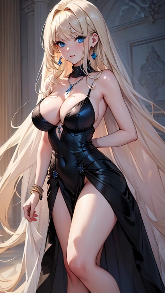 (((masterpiece, ultra HD, high resolution, ultra HD 8K))), one woman, (((shining blue eyes, highlight on eyes))), shining blonde long hair, earrings, (((sexy black hugging dress))), big breasts, (((beautiful face, beautiful body, tall, beautiful hands and legs, cleavage))), necklace, bracelet, ring, anklet, transparent high heels, fashion model pose, beautiful full body standing figure
